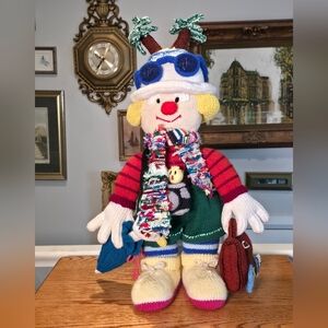 Hand Knitted Traveling Clown Doll 20" Palm Tree Hat Camera Umbrella Vacation Toy